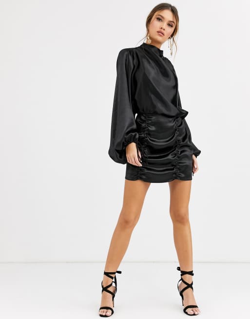 Satin mini dress with ruched skirt 2025 and blouson top