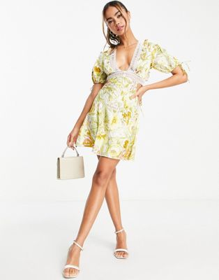ASOS DESIGN satin mini dress with ruffle detail and lace inserts in meadow floral - ASOS Price Checker