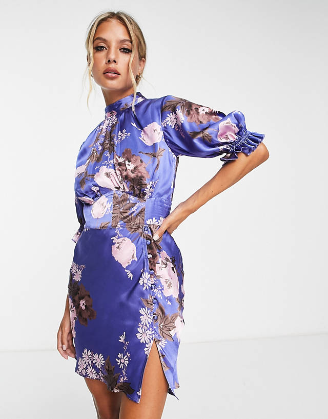 ASOS DESIGN - satin mini mixed floral dress with waist detail and frill sleeves in blue