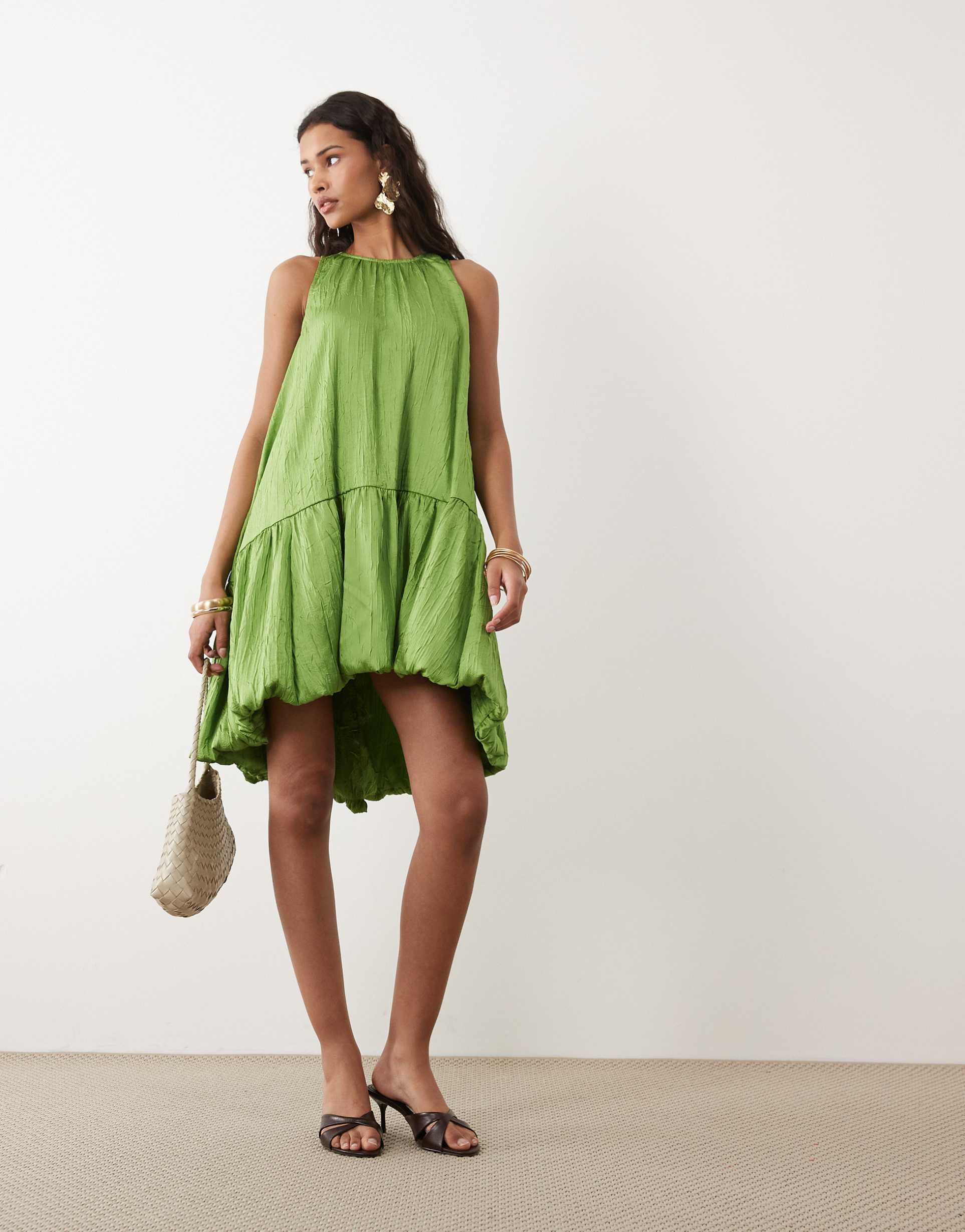 asos design satin mini racer dress with asym bubble hem in green
