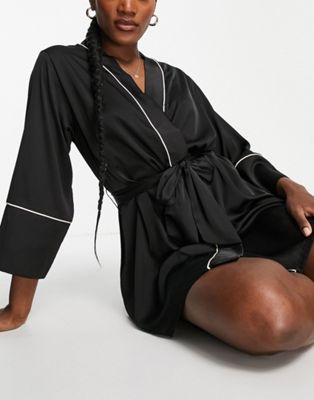 ASOS DESIGN satin mini robe with contrast piping in black
