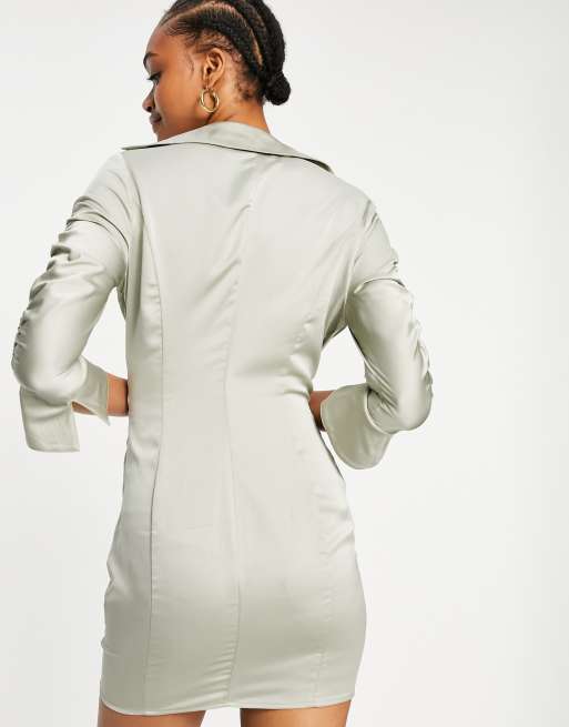 ASOS DESIGN satin mini shirt dress with ruched detail in Olive, 2 of 4