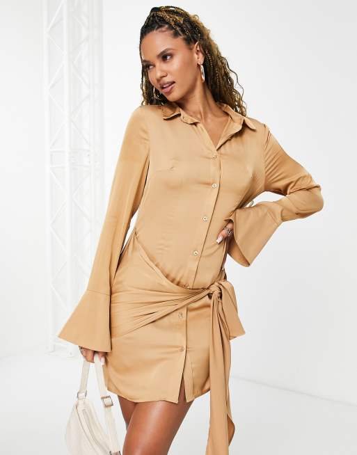 ASOS DESIGN satin mini shirt dress with side tie in gold