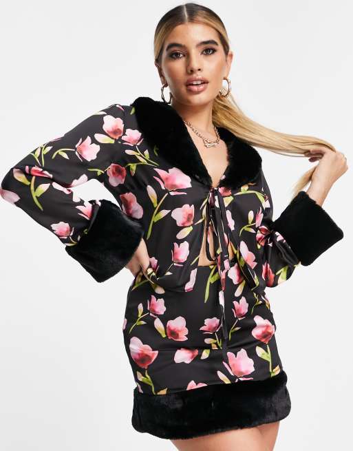 ASOS DESIGN satin mini skirt in floral print with fur trim - part of a set