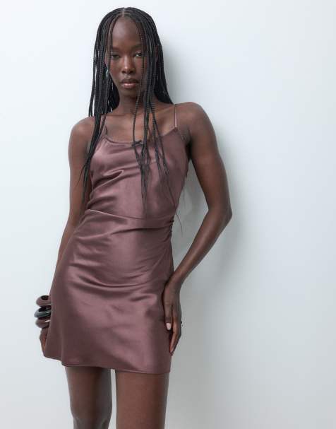 ASOS DESIGN satin mini slip dress in chocolate brown - view 1