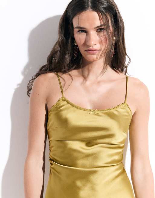 ASOS DESIGN satin mini slip dress in ocher, 3 of 8