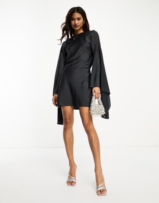 ASOS DESIGN – Satin-Minikleid in Anthrazit mit auffälligen Ärmeln und überkreuztem Rückendetail