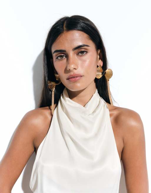 ASOS DESIGN – Satin-Minikleid in Elfenbeinweiß mit Wasserfallausschnitt und Fransendetail, 2 von 4