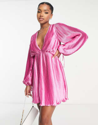 ASOS DESIGN - Satin-Minikleid in Rosa mit plissiertem Detail, tiefem Ausschnitt und Blousonärmeln