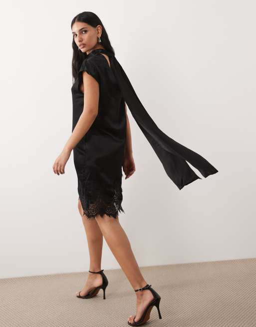 ASOS DESIGN – Satin-Minikleid in Schwarz mit Schaldetail und Spitzensaum, 3 von 4