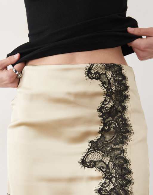 ASOS DESIGN satin mininederdel med blondeindsats i oyster og sort blonde, 5 af 5