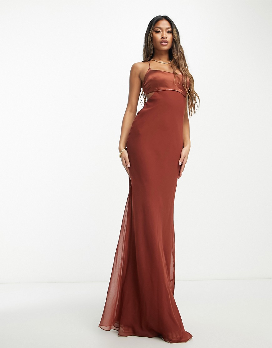 ASOS DESIGN satin mix cami cut out waist maxi dress with cross strap detail in chocolate-Brown