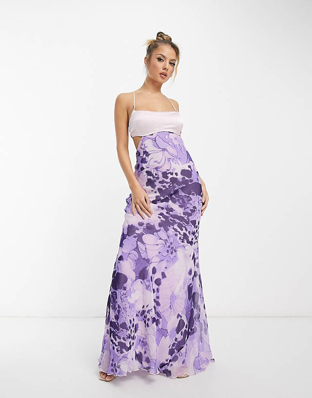 ASOS DESIGN satin mix cami cut out waist maxi dress with cross strap detail in purple floral print