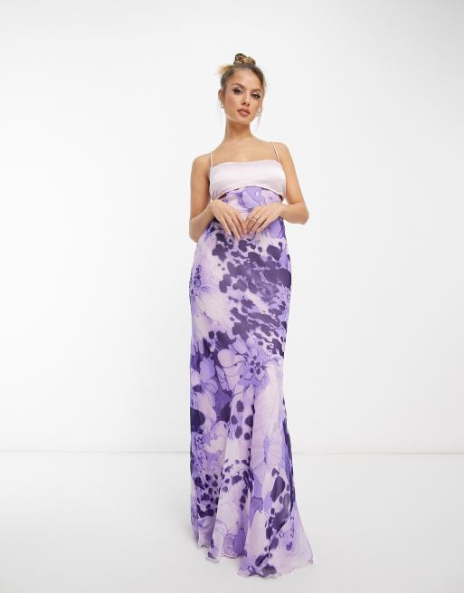 Satin Purple Floral Print Party Dress