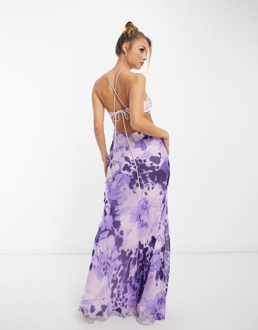 ASOS DESIGN satin mix cami cut out waist maxi dress with cross strap detail  in purple floral print