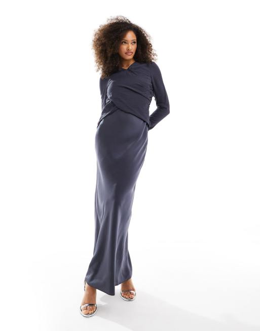 ASOS DESIGN satin mix cross front maxi dress with ruched detail in charcoal gray