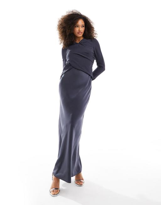 FhyzicsShops DESIGN satin mix cross front maxi dress with ruched detail in charcoal gray