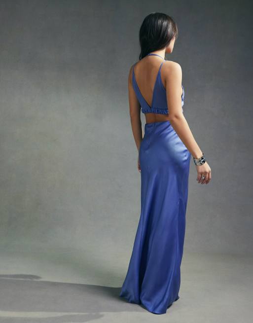 ASOS DESIGN satin mix cut out waist maxi dress with sheer insert in blue |  ASOS