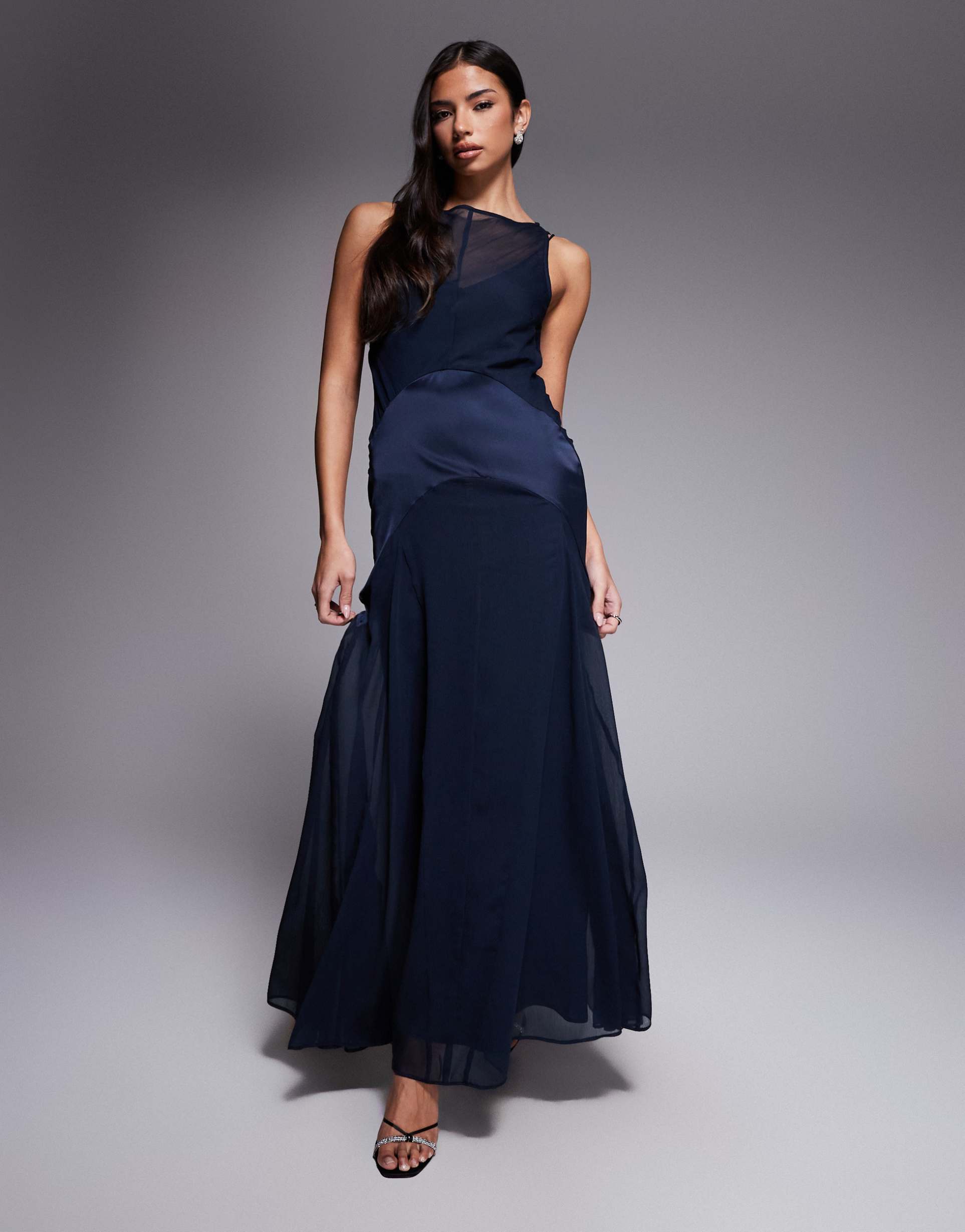asos design satin mix dropped waist maxi dress in navy