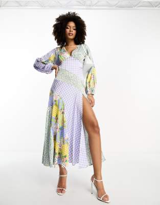 Asos Design Satin Mixed Prints Seam Detail Midi Dress-Multi