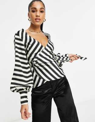 ASOS DESIGN satin mono stripe print wrap top-Multi