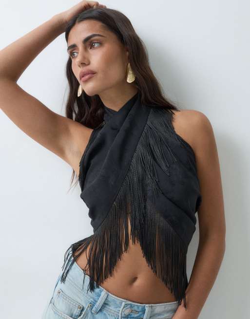 ASOS DESIGN satin multiway scarf top in black jacquard, 3 of 5
