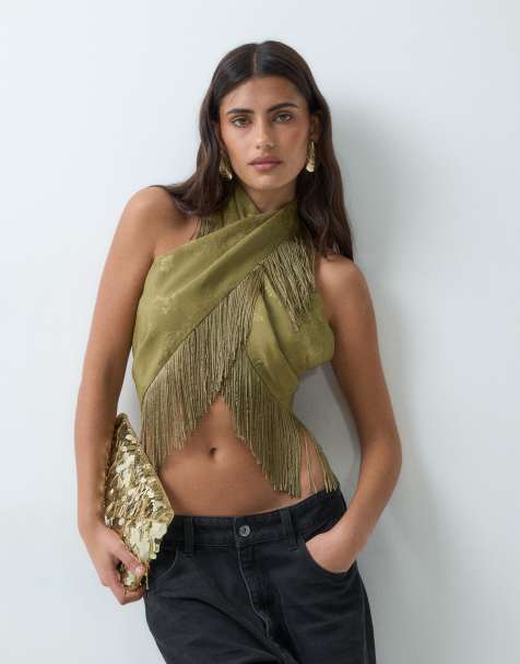 ASOS DESIGN satin multiway scarf top in khaki jaquard