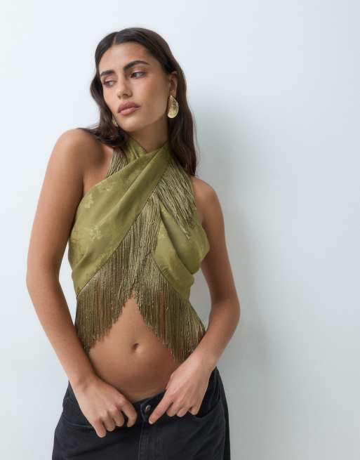 ASOS DESIGN satin multiway scarf top in khaki jaquard, 5 of 5