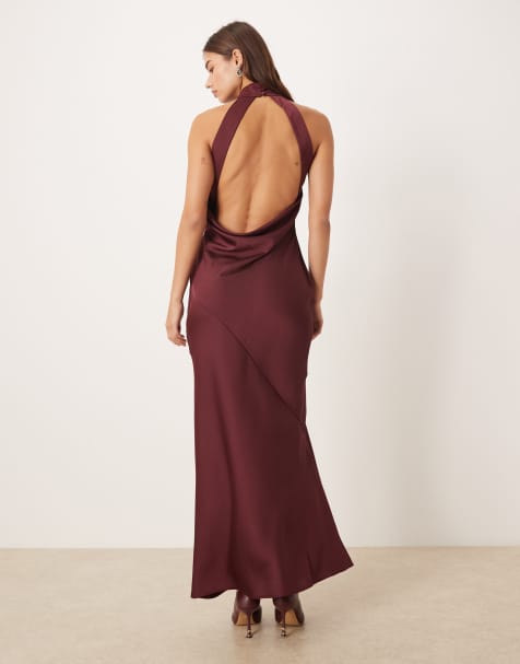 ASOS DESIGN – Satin-Neckholder-Maxikleid in Beerenrot mit Wasserfalldetail auf der Rückseite - view 1