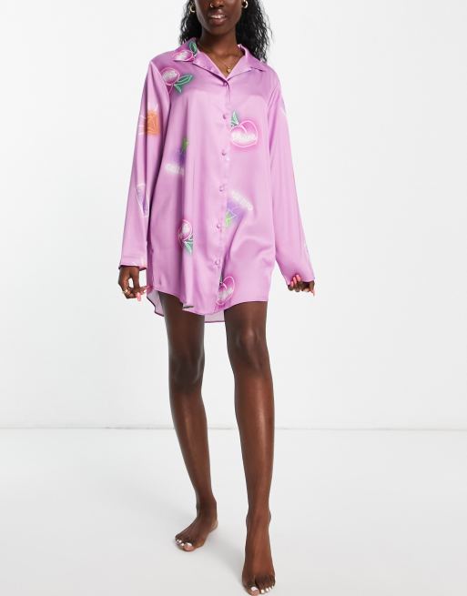 ASOS DESIGN satin neon nights sleep shirt in purple