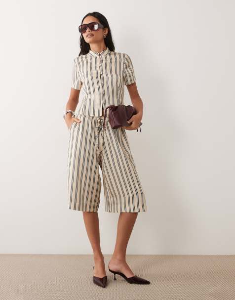 ASOS DESIGN Satin-Oberteil im Mandarin-Stil mit Streifenmuster, Teil eines Kombiteils - view 1