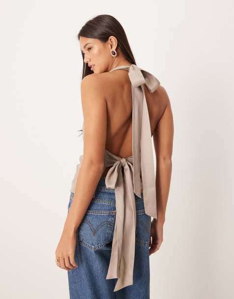 ASOS DESIGN – Satin-Oberteil in Mokka mit Wasserfallausschnitt und gebundener Rückseite - view 1