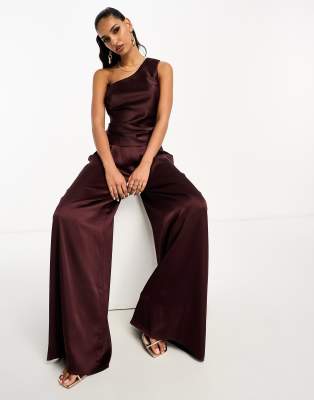 ASOS DESIGN - Satin-Oberteil in Schokobraun mit One-Shoulder-Träger, Kombiteil-Brown