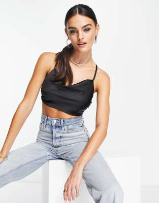 ASOS DESIGN - Satin-Oberteil in Schwarz mit Riemchenschnürung