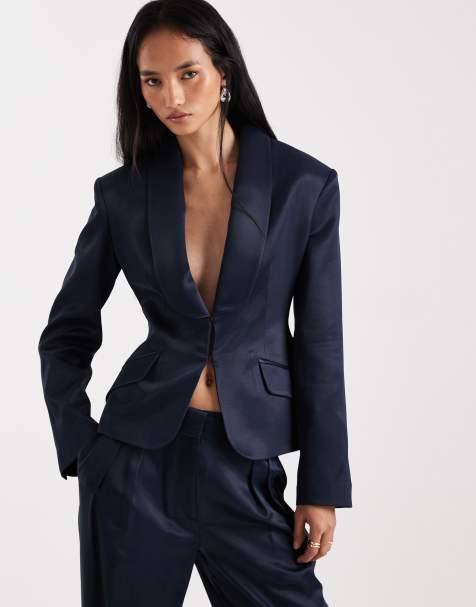 ASOS DESIGN satin occasion ultimate sculpted tux blazer co-ord in navy - view 1