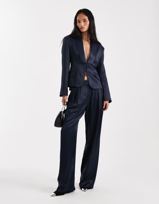 ASOS DESIGN satin occasion ultimate sculpted tux blazer co-ord in navy, 2 of 4