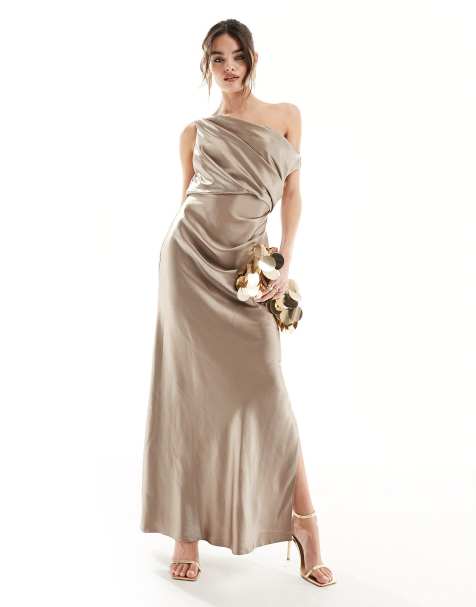 ASOS DESIGN Bridesmaid fallen shoulder drape maxi dress with layered wrap  skirt in olive