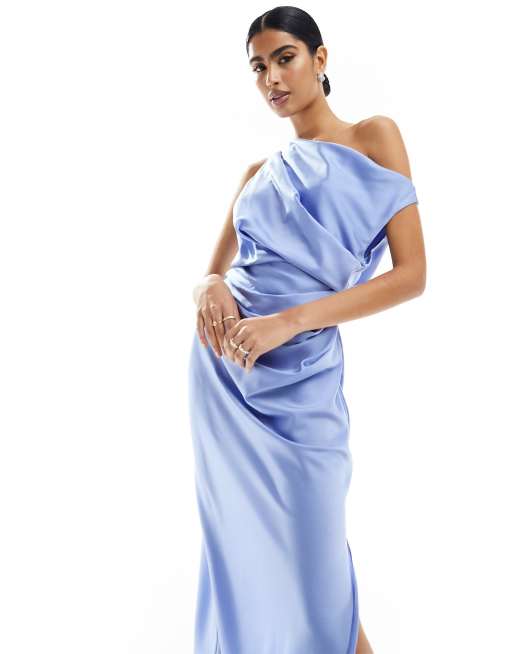 ASOS DESIGN satin off shoulder drape detail midi dress in blue