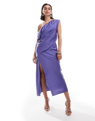 Asos Design Satin Off Shoulder Draped Midi Dress With Split In Blue