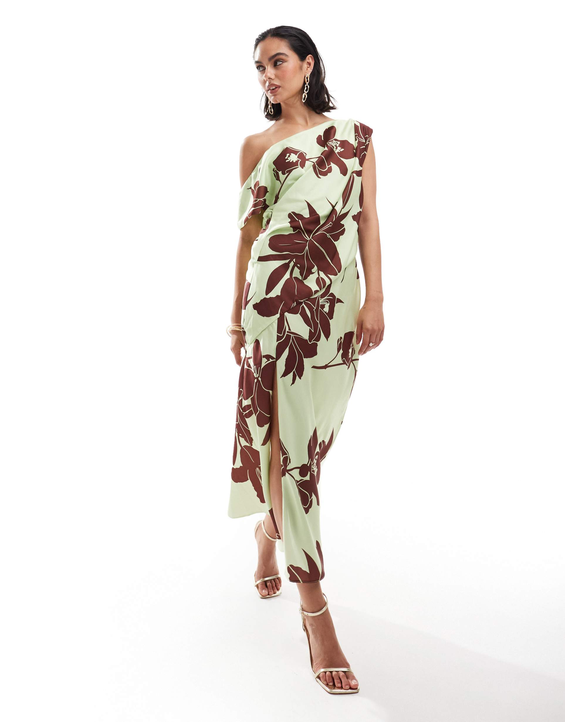 asos design satin off shoulder draped midi dress with split in lime floral print