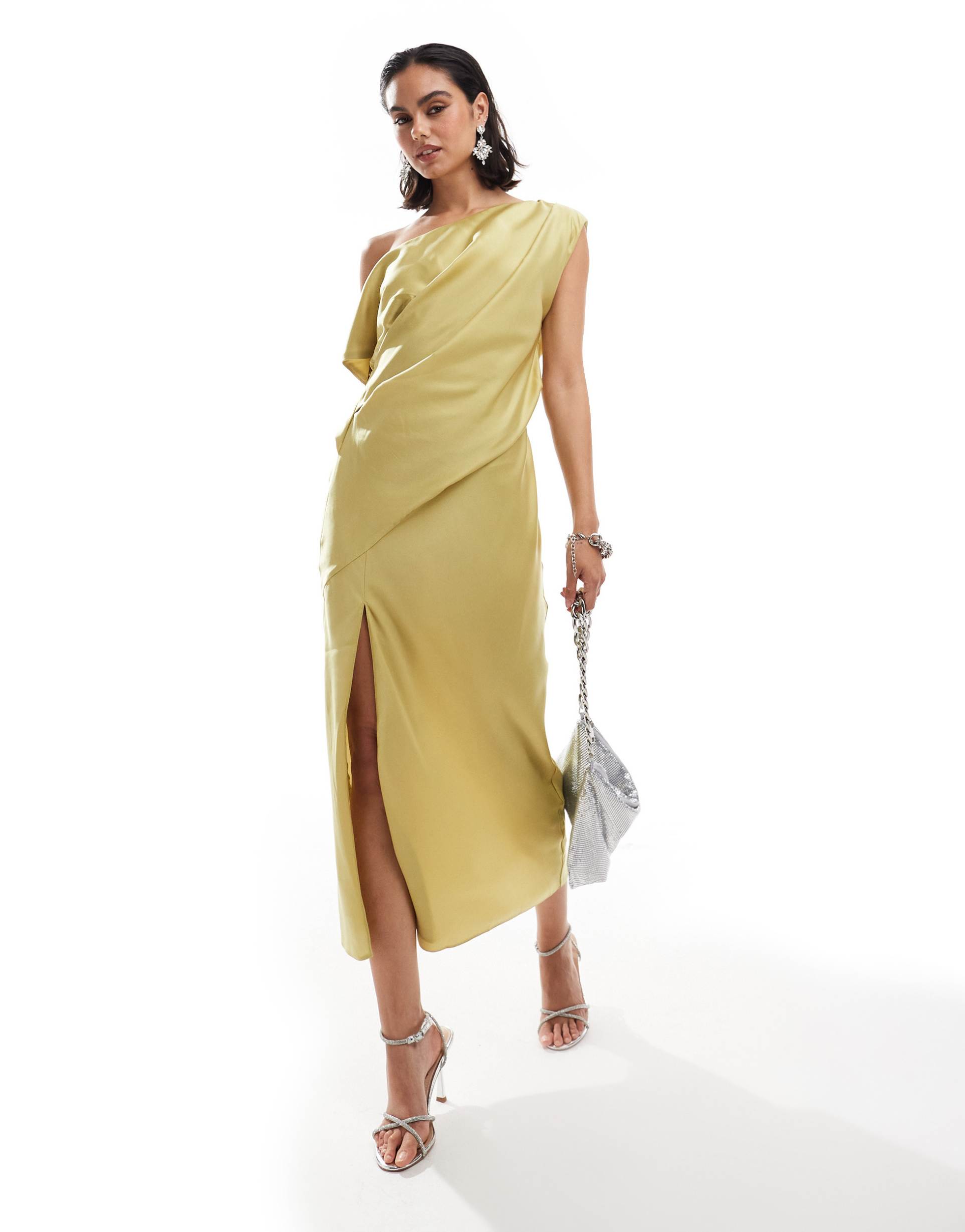 asos design satin off shoulder draped midi dress with split in lime