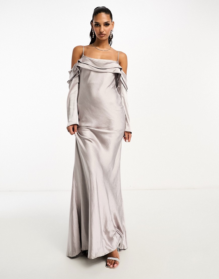 Asos Design Satin Off Shoulder Maxi Dress With Cami Straps In Silver Gray