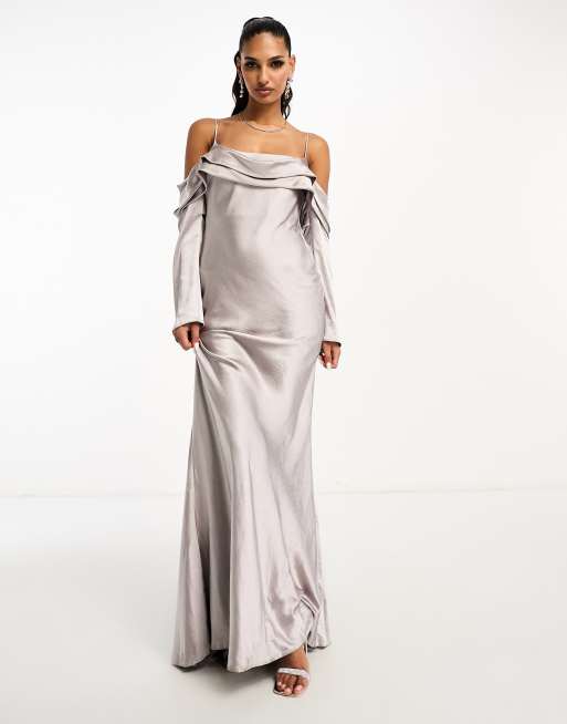 Satin off the shoulder dress sale