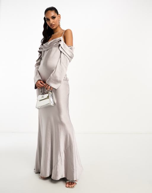 ASOS DESIGN satin off shoulder maxi dress with cami straps in silver gray