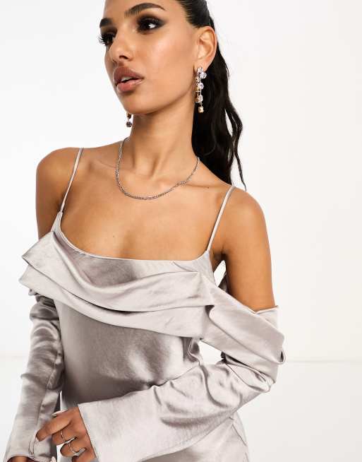 ASOS DESIGN satin off shoulder maxi dress with cami straps in silver grey, 4 of 4