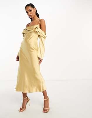 Asos Design Satin Off Shoulder Midi Dress With Cami Straps In Gold