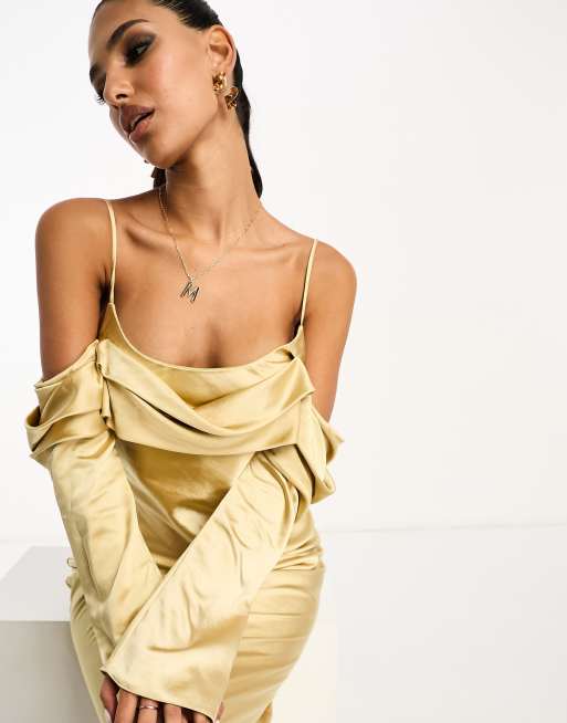 ASOS DESIGN satin off shoulder midi dress with cami straps in gold