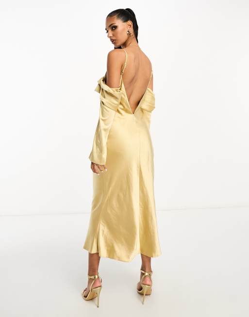 Free UK delivery - Cowl Neck Satin Slip Cami Midi Dress in gold