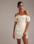 [ASOS DESIGN] ASOS DESIGN satin off shoulder mini dress in ivory-White 4 IVORY