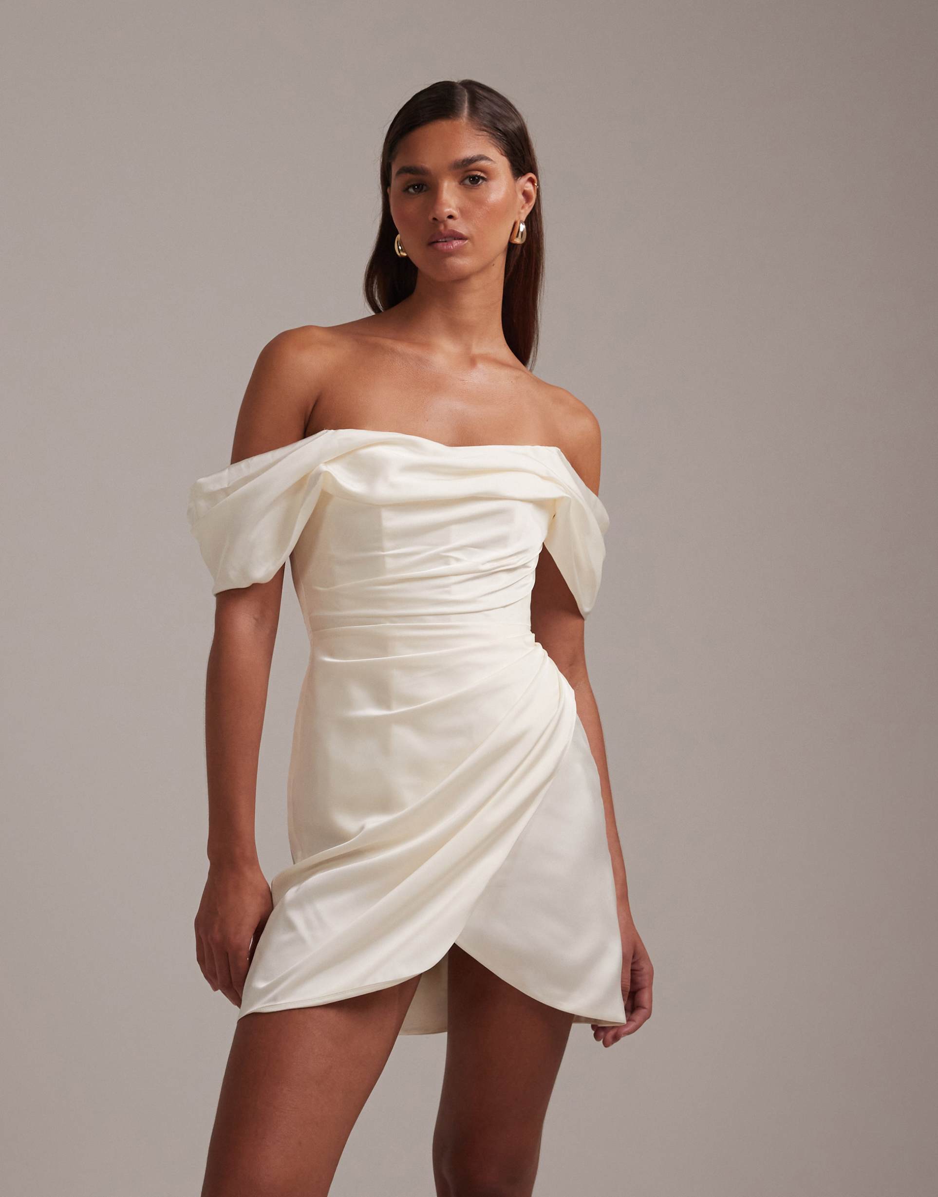 asos design satin off shoulder mini dress in ivory